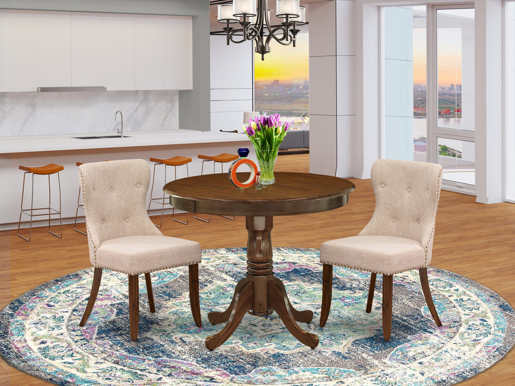 Juego de comedor de 3 piezas East West Furniture ANSI3-AWA-04 para espacios pequeños. Contiene una mesa de cocina redonda con pedestal y 2 sillas de comedor Parson.