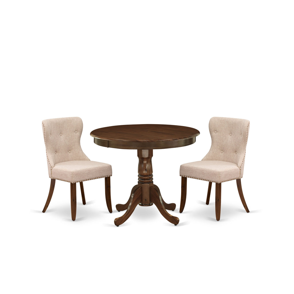 Juego de comedor de 3 piezas East West Furniture ANSI3-AWA-04 para espacios pequeños. Contiene una mesa de cocina redonda con pedestal y 2 sillas de comedor Parson.