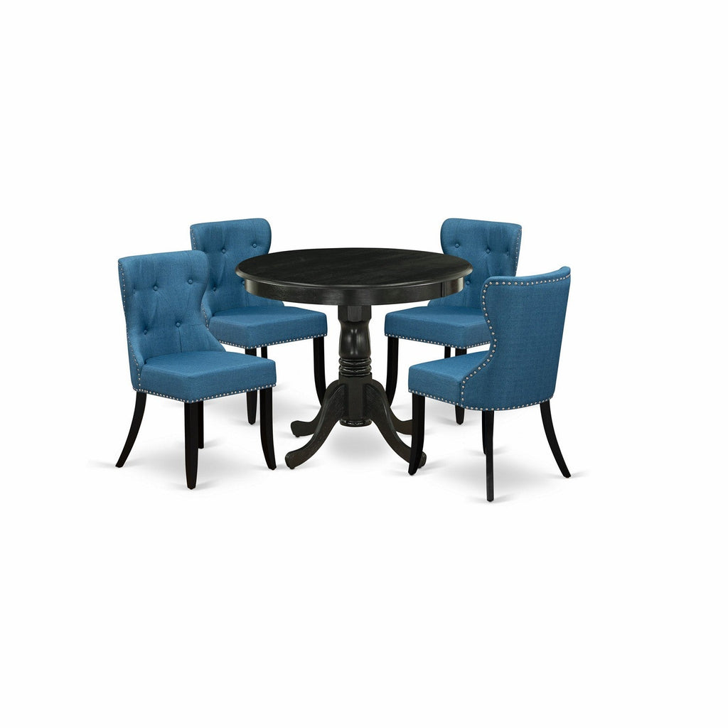 East West Furniture ANSI5-ABK-21 5 Piece Kitchen Table & Chairs Set Includes a Round Dining Room Table with Pedestal and 4 Blue Linen Fabric Parsons Dining Chairs