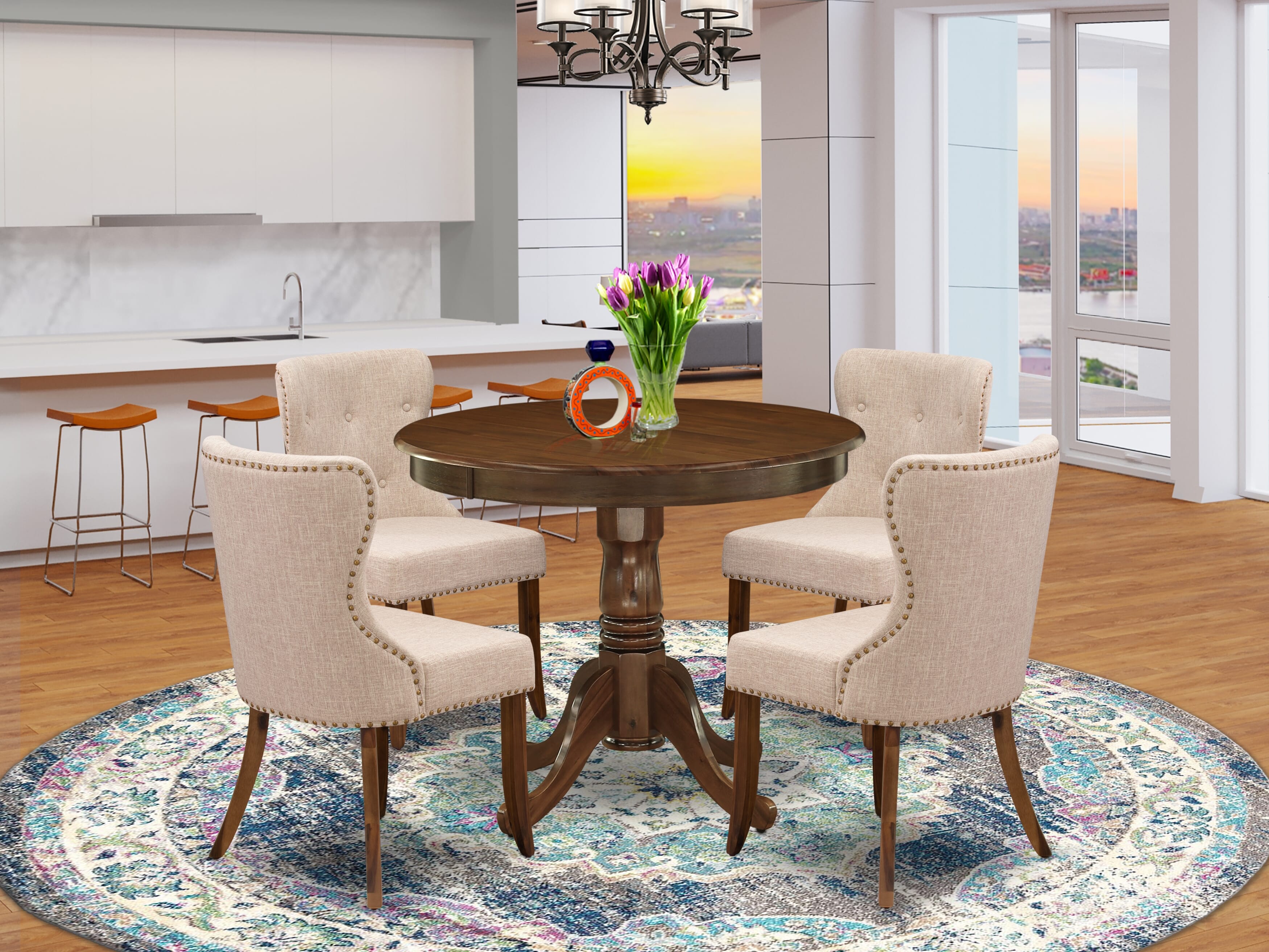 East West Furniture ANSI5-AWA-04 5 Piece Dining Room Table Set Consist of a Round Dining Table with Pedestal and 4 Upholstered Parson Chairs, 36x36 Inch, Antique Walnut