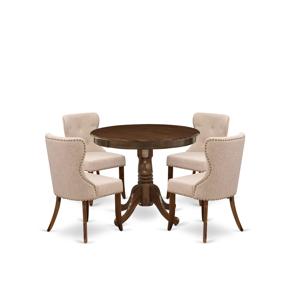 Juego de mesa de comedor de 5 piezas East West Furniture ANSI5-AWA-04 compuesto por una mesa de comedor redonda con pedestal y 4 sillas Parson tapizadas.