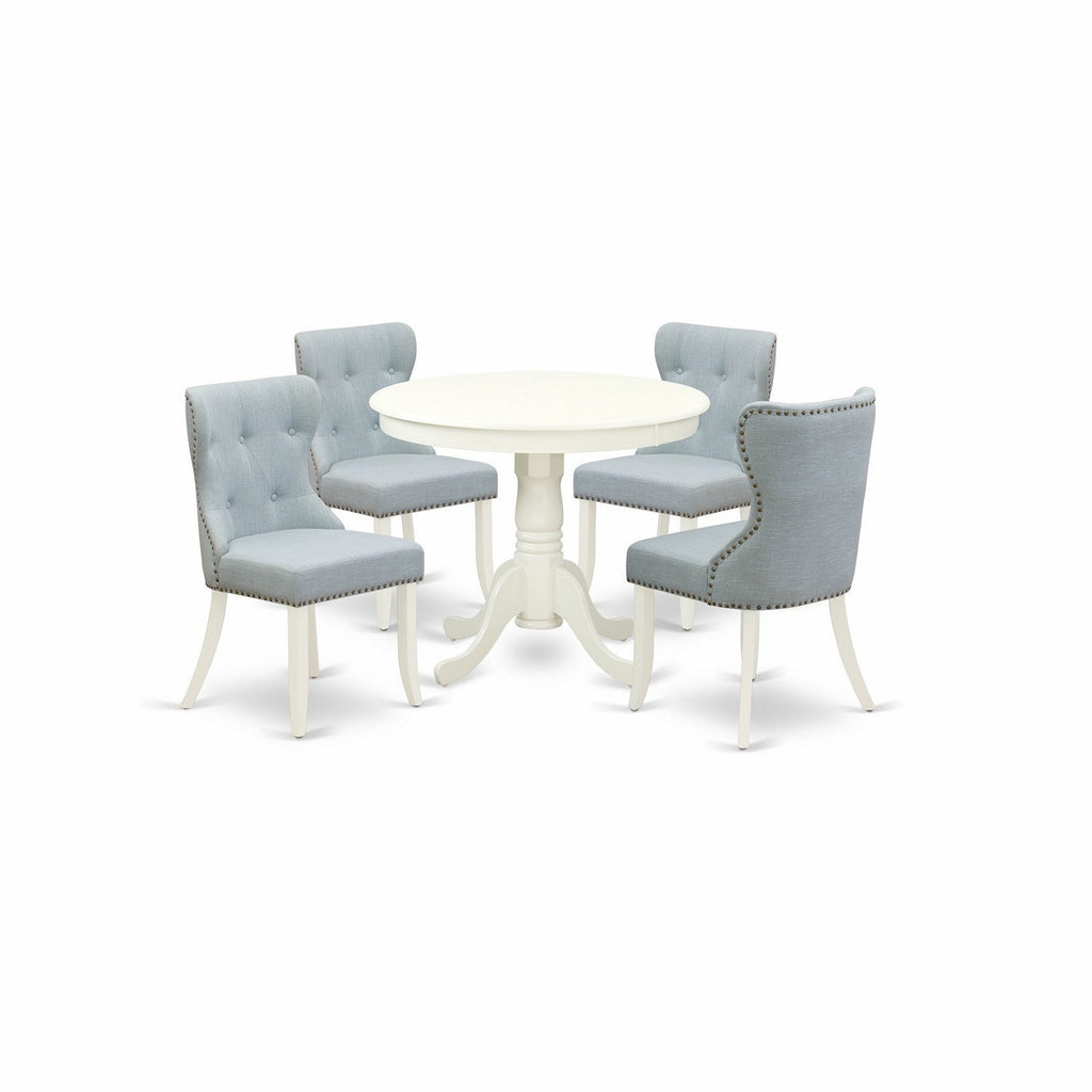East West Furniture ANSI5-LWH-15 5 Piece Dining Room Furniture Set Includes a Round Dining Table with Pedestal and 4 Baby Blue Linen Fabric Upholstered Chairs, 36x36 Inch, Linen White