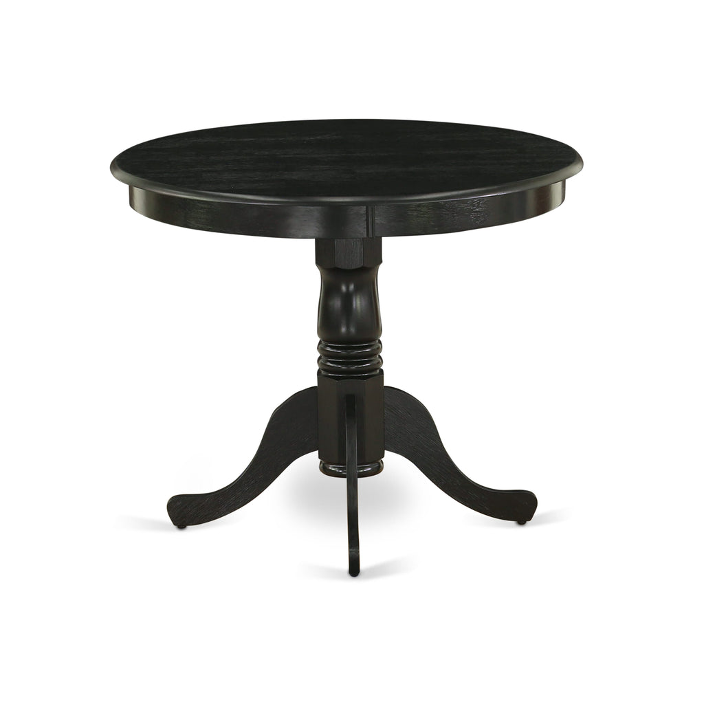 Juego de mesa de comedor moderna de 3 piezas AMAB3-ABK-24 de East West Furniture. Incluye una mesa de cocina redonda con pedestal y dos sillas tapizadas en tela de lino de color negro.