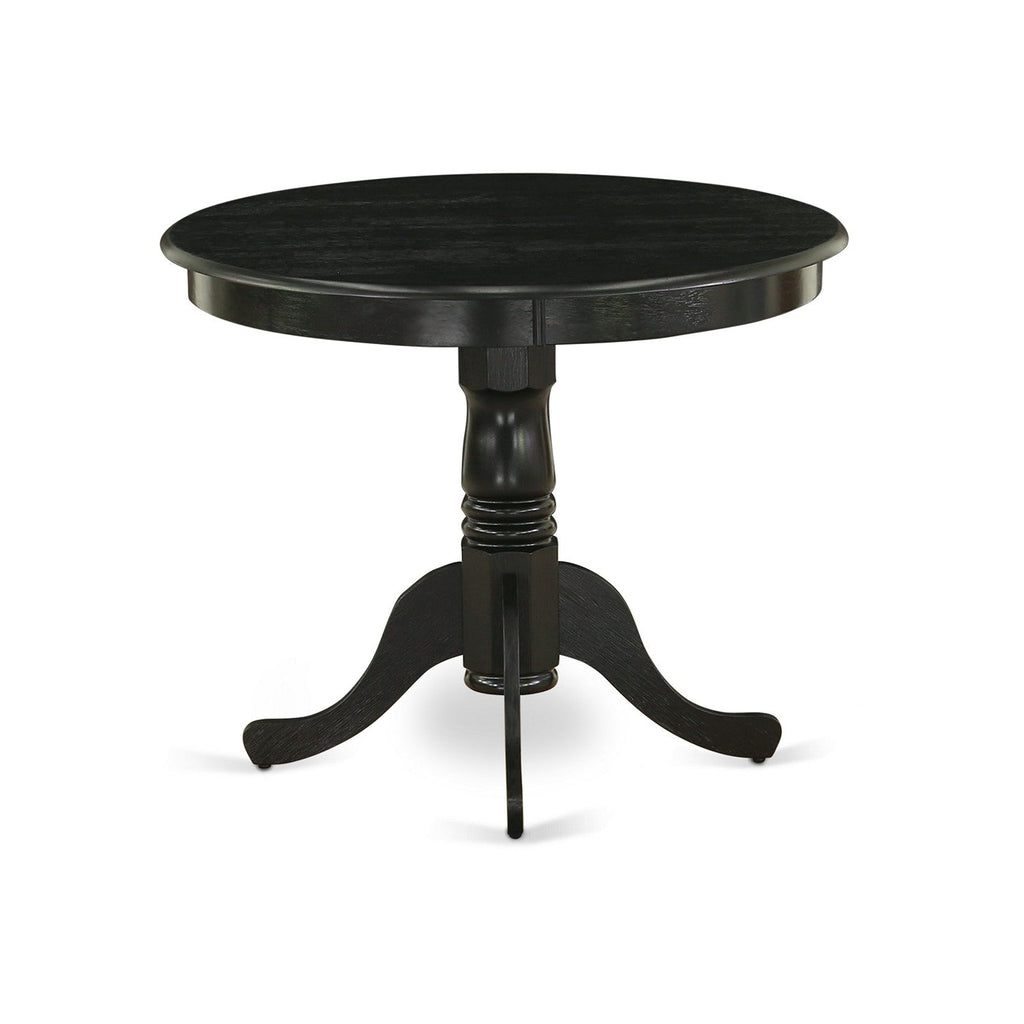 East West Furniture ANSI5-ABK-21 5 Piece Kitchen Table & Chairs Set Includes a Round Dining Room Table with Pedestal and 4 Blue Linen Fabric Parsons Dining Chairs