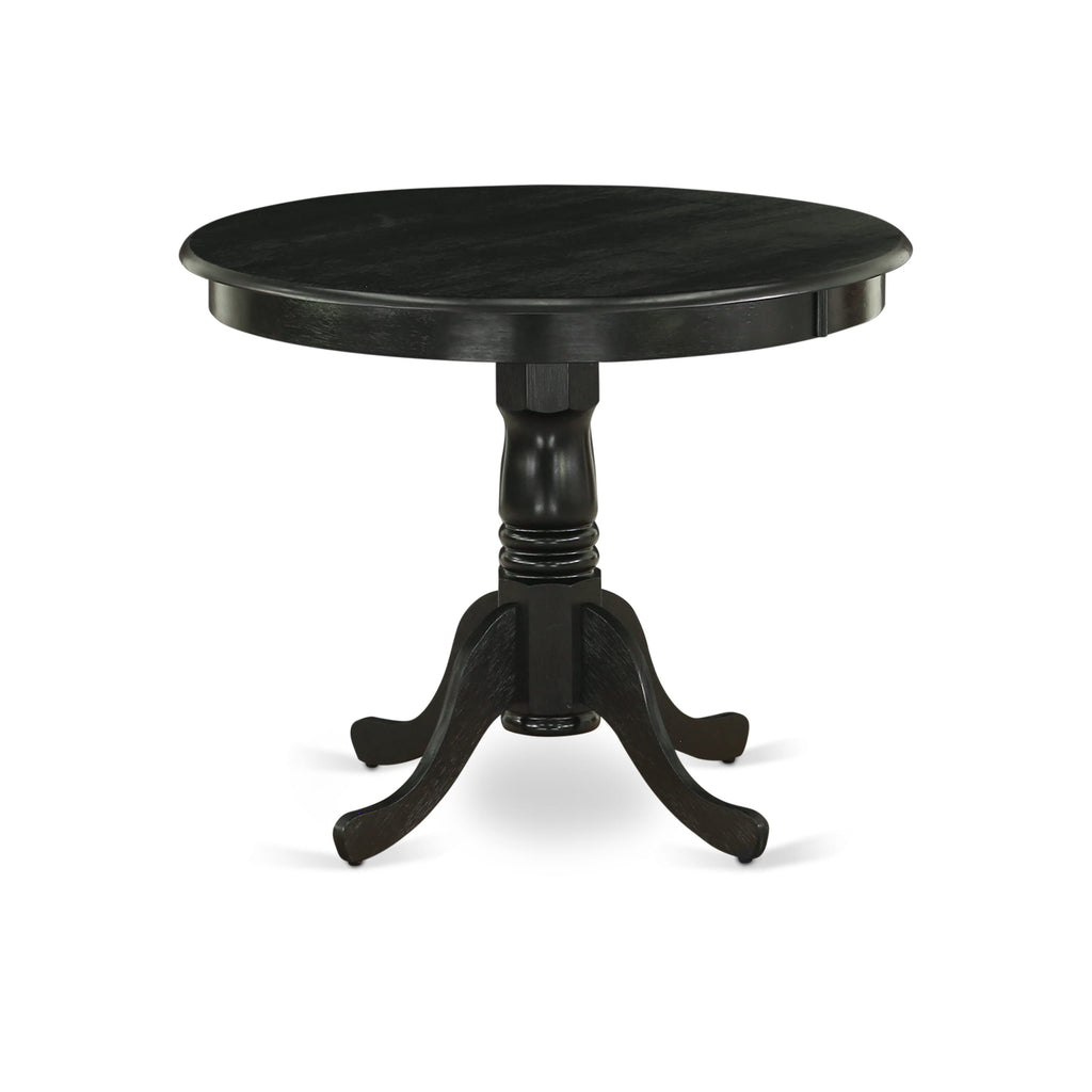 Juego de mesa de comedor moderna de 3 piezas AMAB3-ABK-24 de East West Furniture. Incluye una mesa de cocina redonda con pedestal y dos sillas tapizadas en tela de lino de color negro.