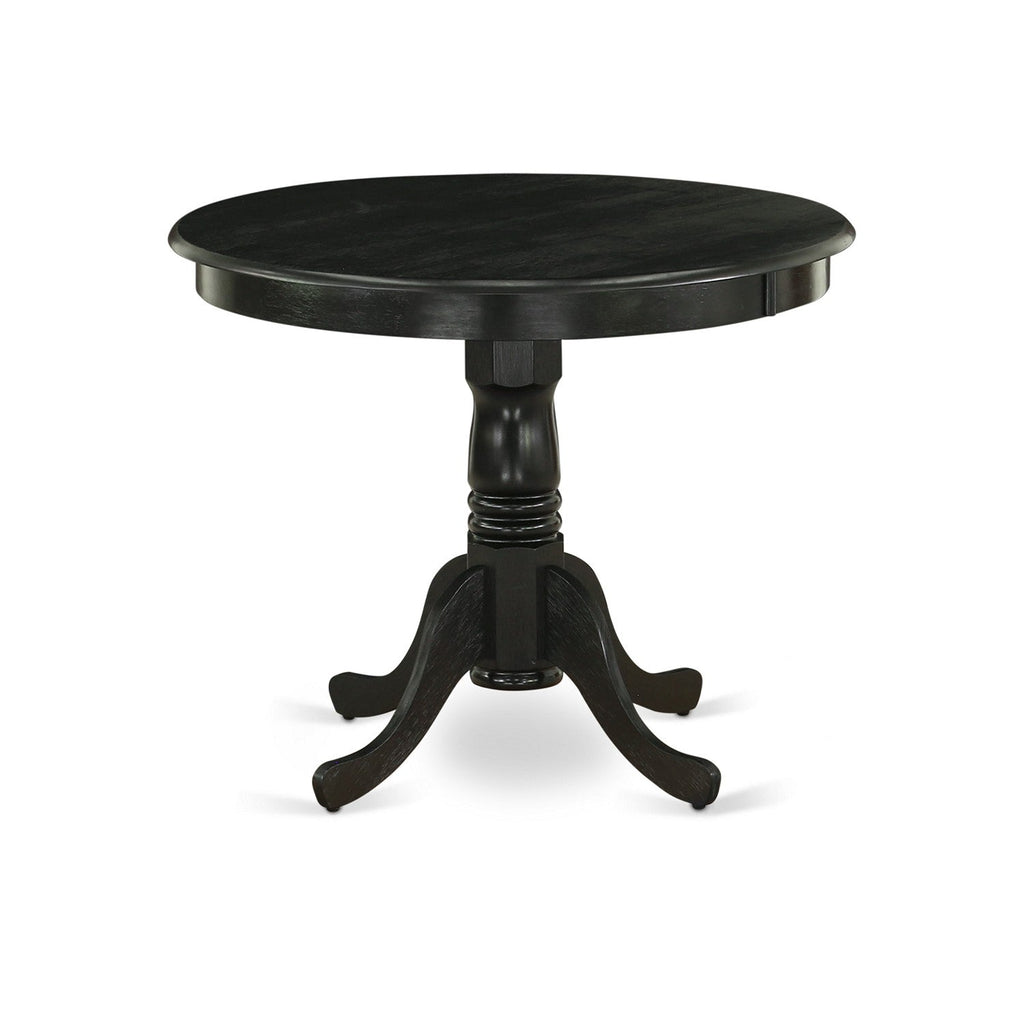 Juego de mesa y sillas de cocina de 3 piezas East West Furniture ANMZ3-AB6-06. Incluye una mesa de comedor redonda con pedestal y dos sillas tapizadas en tela de lino Shitake.
