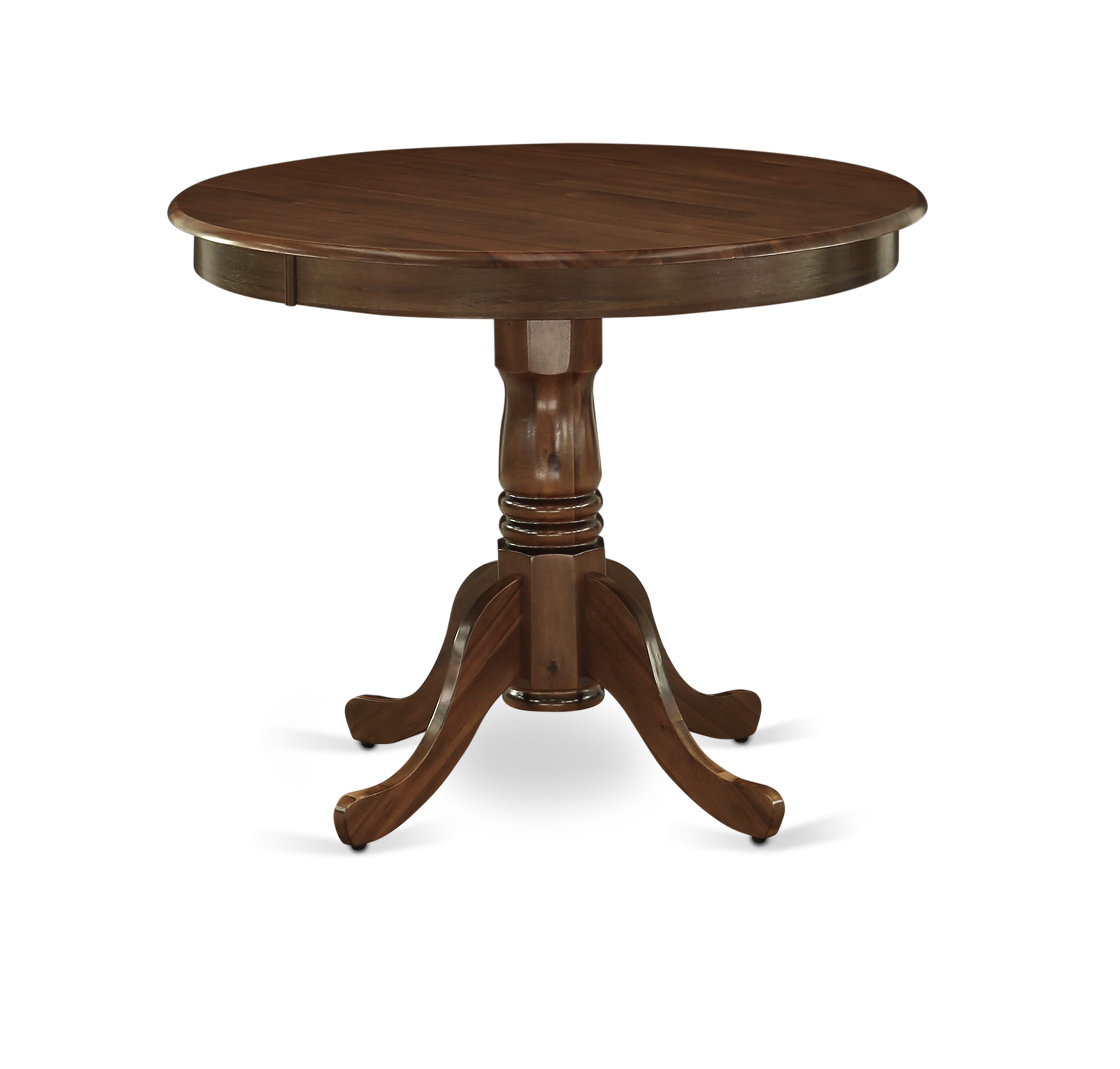 East West Furniture ANAB3-AWA-05 3 Piece Modern Dining Table Set Includes a Round Kitchen Table with Pedestal and 2 Parson Dining Chairs, 36x36 Inch, Antique Walnut