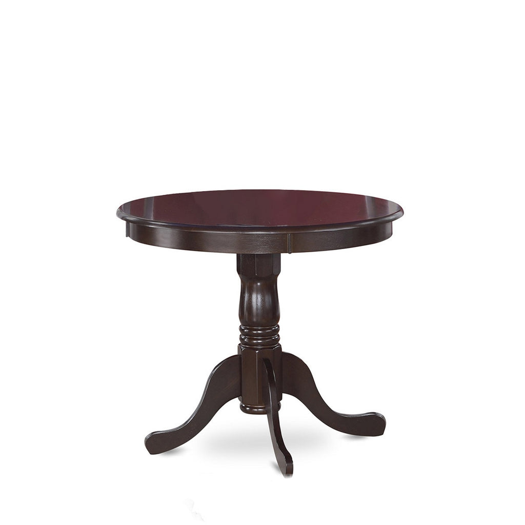 Juego de muebles de comedor de 5 piezas East West Furniture ANLY5-CAP-W. Incluye una mesa de comedor redonda con pedestal y 4 sillas con asiento de madera.