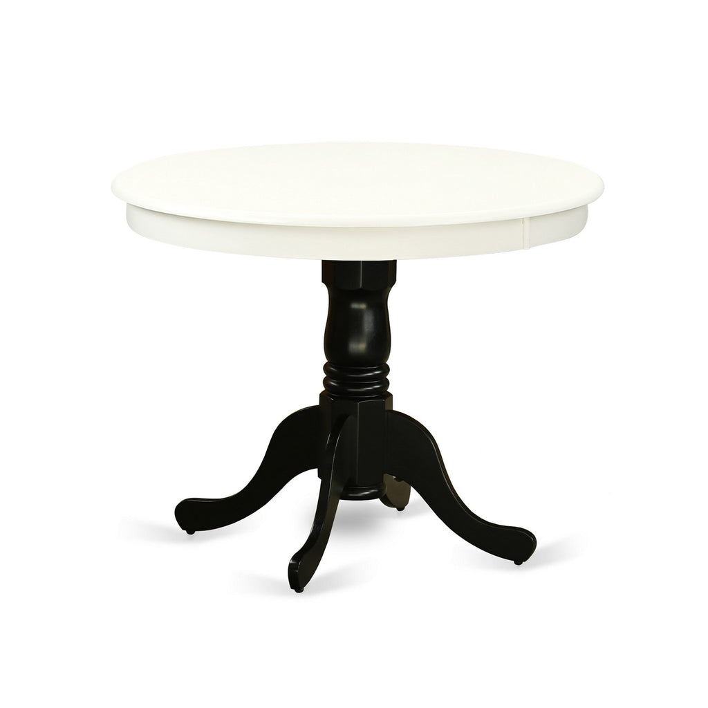 East West Furniture ANT-LBK-TP Antique Modern Kitchen Table - a Round Dining Table Top with Pedestal Base, 36x36 Inch, Linen White & Black