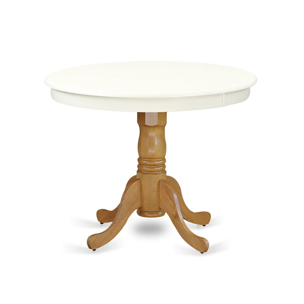East West Furniture ANT-LOK-TP Antique Mid-Century Modern Dining Table - a Round Dining Table Top with Pedestal Base, 36x36 Inch, Linen White & Oak