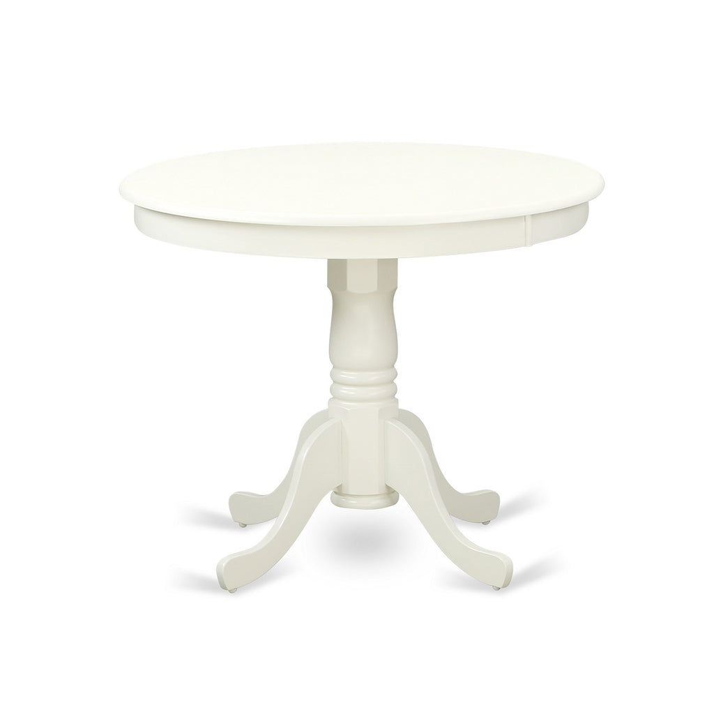 East West Furniture ANNO3-LWH-W 3 Piece Dining Room Furniture Set Contains a Round Dining Table with Pedestal and 2 Wood Seat Chairs, 36x36 Inch, Linen White