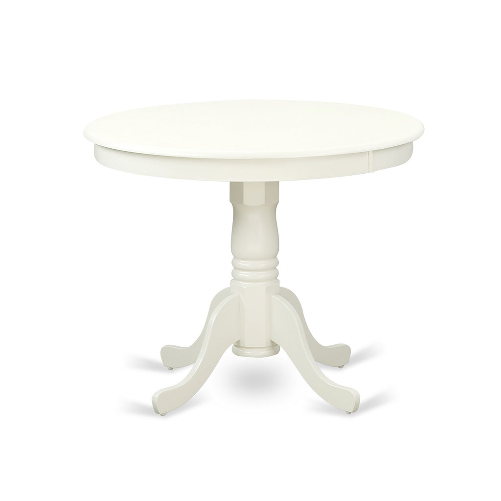 East West Furniture ANAV5-LWH-W 5 Piece Dining Room Table Set Includes a Round Kitchen Table with Pedestal and 4 Dining Chairs, 36x36 Inch, Linen White