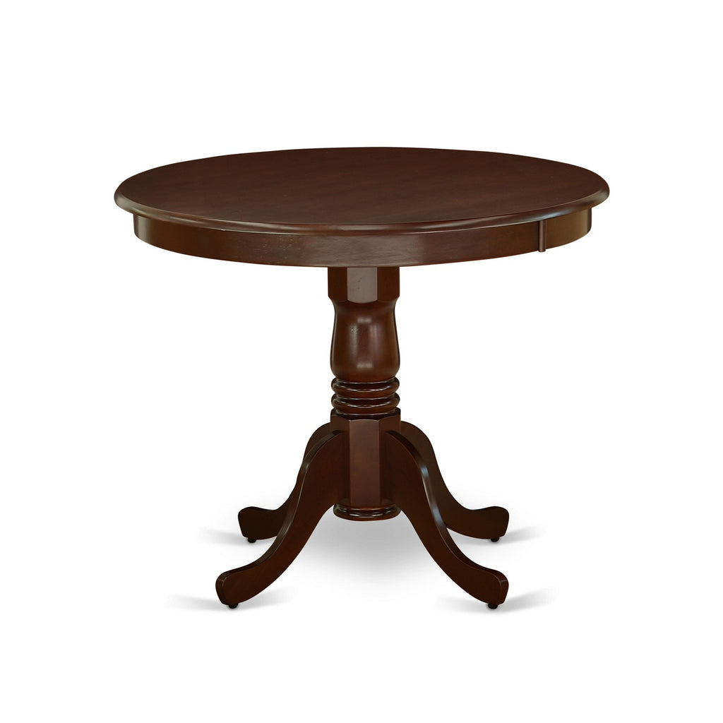 East West Furniture ANEN3-MAH-18 3 Piece Dining Room Furniture Set Contains a Round Kitchen Table with Pedestal and 2 Dark Coffee Linen Fabric Parson Dining Chairs, 36x36 Inch, Mahogany