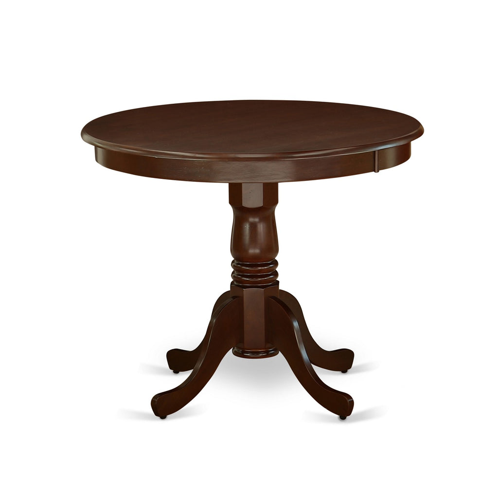 East West Furniture ANAB3-MAH-18 3 Piece Modern Dining Table Set Contains a Round Kitchen Table with Pedestal and 2 Coffee Linen Fabric Parson Dining Chairs, 36x36 Inch, Mahogany