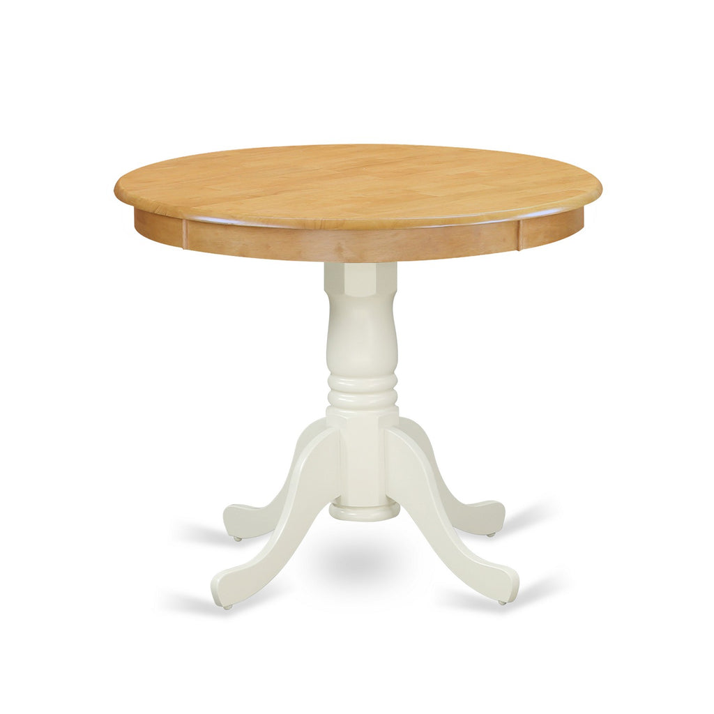 East West Furniture ANT-OLW-TP Antique Kitchen Dining Table - a Round Wooden Table Top with Pedestal Base, 36x36 Inch, Oak & Linen White