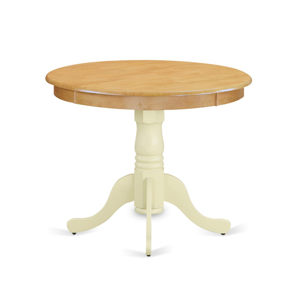 East West Furniture ANT-OMK-TP Antique Dining Table - a Round Wooden Table Top with Pedestal Base, 36x36 Inch, Oak & Buttermilk