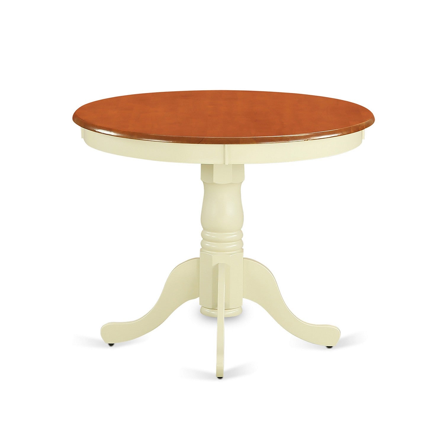 Juego de comedor de 3 piezas East West Furniture ANIP3-BMK-W que incluye una mesa de comedor redonda con pedestal y 2 sillas con asiento de madera.