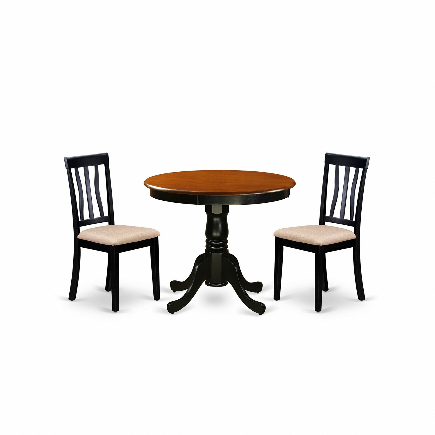 Juego de mesa de cocina de 3 piezas East West Furniture ANTI3-BLK-C para espacios pequeños. Contiene una mesa de comedor redonda con pedestal y 2 sillas tapizadas en tela de lino.