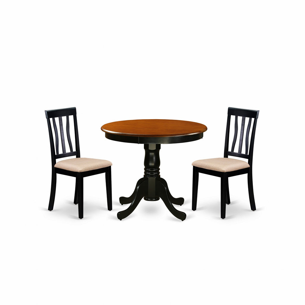 East West Furniture ANTI3-BLK-C 3 Piece Kitchen Table Set for Small Spaces Contains a Round Dining Room Table with Pedestal and 2 Linen Fabric Upholstered Chairs