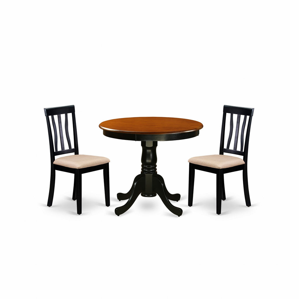 East West Furniture ANTI3-BLK-C 3 Piece Kitchen Table Set for Small Spaces Contains a Round Dining Room Table with Pedestal and 2 Linen Fabric Upholstered Chairs, 36x36 Inch, Black & Cherry