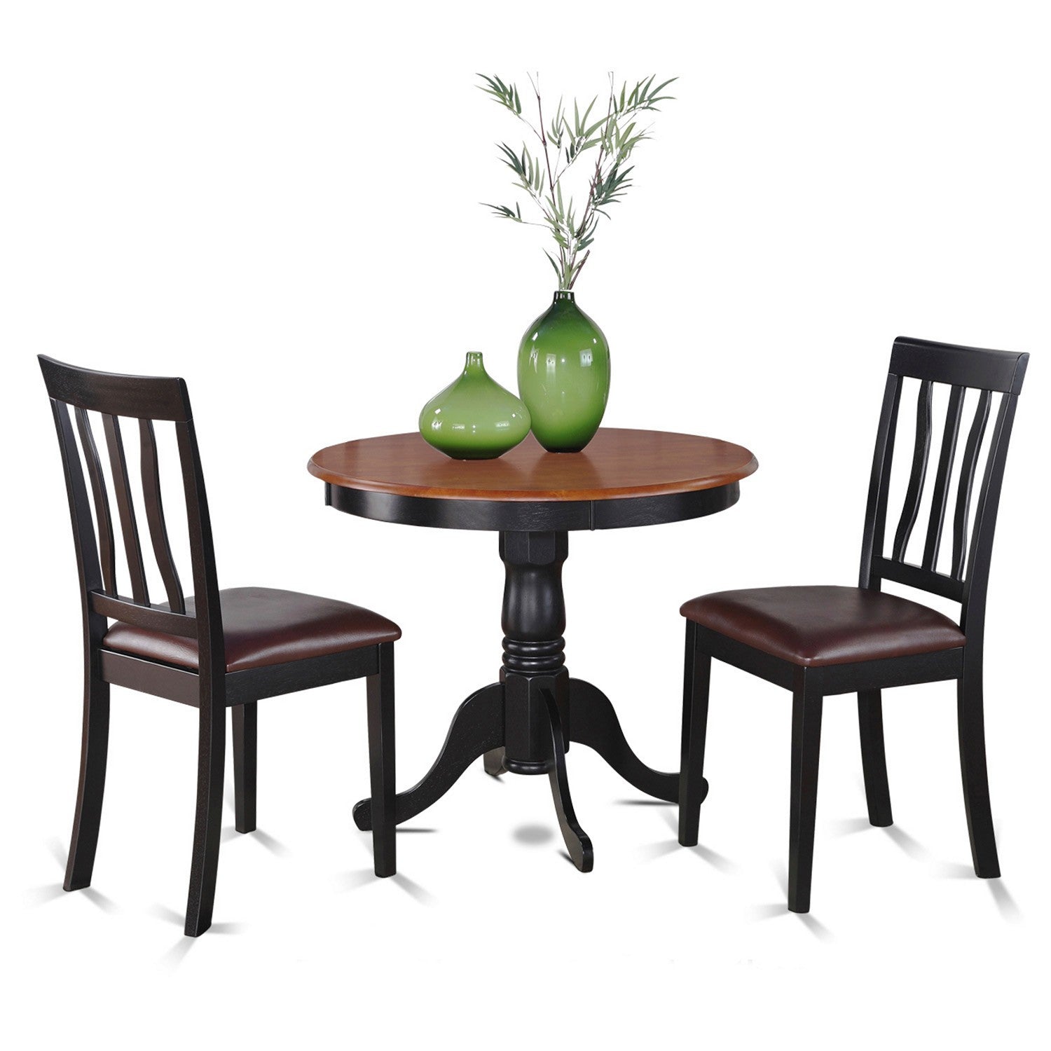 Juego de comedor de 3 piezas East West Furniture ANTI3-BLK-LC. Incluye una mesa de comedor redonda con pedestal y 2 sillas tapizadas en piel sintética.