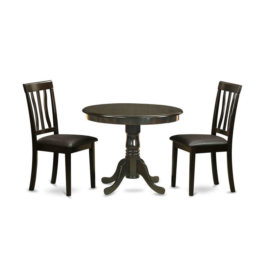 East West Furniture ANTI3-CAP-LC 3 Piece Kitchen Table & Chairs Set Contains a Round Dining Room Table with Pedestal and 2 Faux Leather Dining Room Chairs