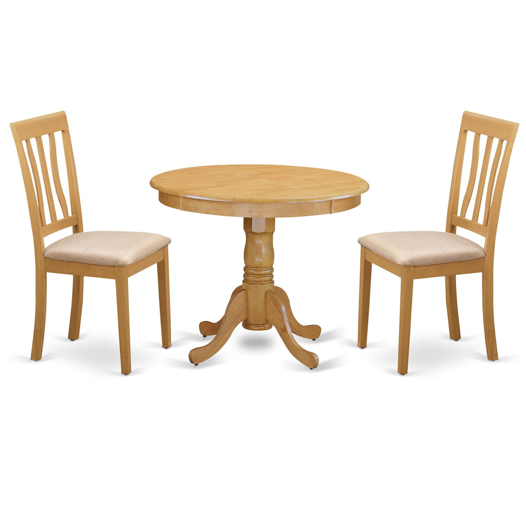 East West Furniture ANTI3-OAK-C 3 Piece Kitchen Table & Chairs Set Contains a Round Dining Room Table with Pedestal and 2 Linen Fabric Dining Room Chairs, 36x36 Inch, Oak