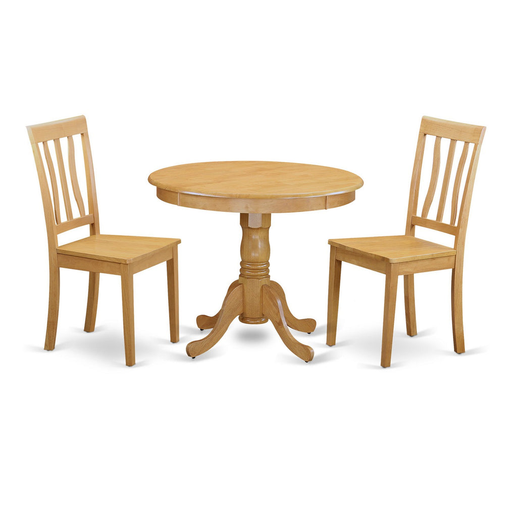 East West Furniture ANTI3-OAK-W 3 Piece Dining Set Contains a Round Kitchen Table with Pedestal and 2 Dining Room Chairs, 36x36 Inch, Oak