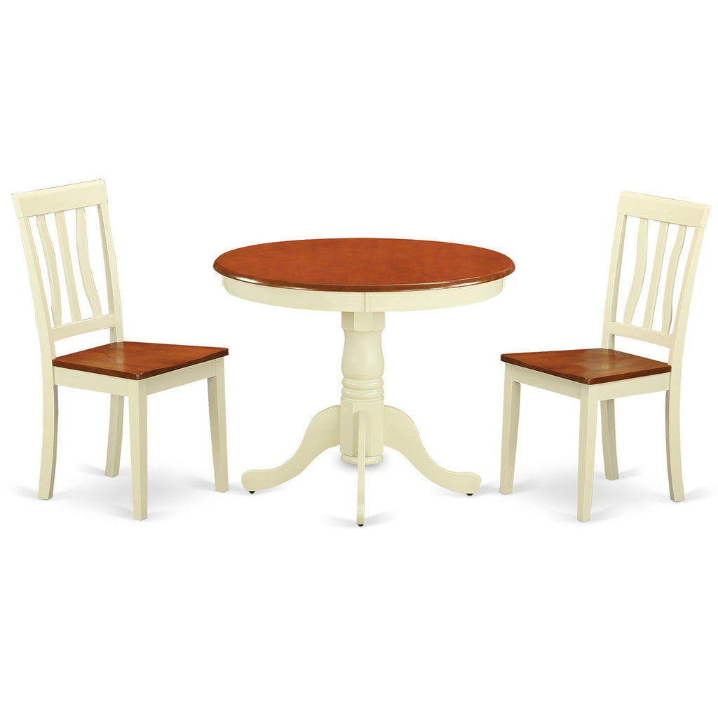 East West Furniture ANTI3-WHI-W 3 Piece Dining Table Set for Small Spaces Contains a Round Kitchen Table with Pedestal and 2 Dining Chairs, 36x36 Inch, Buttermilk & Cherry