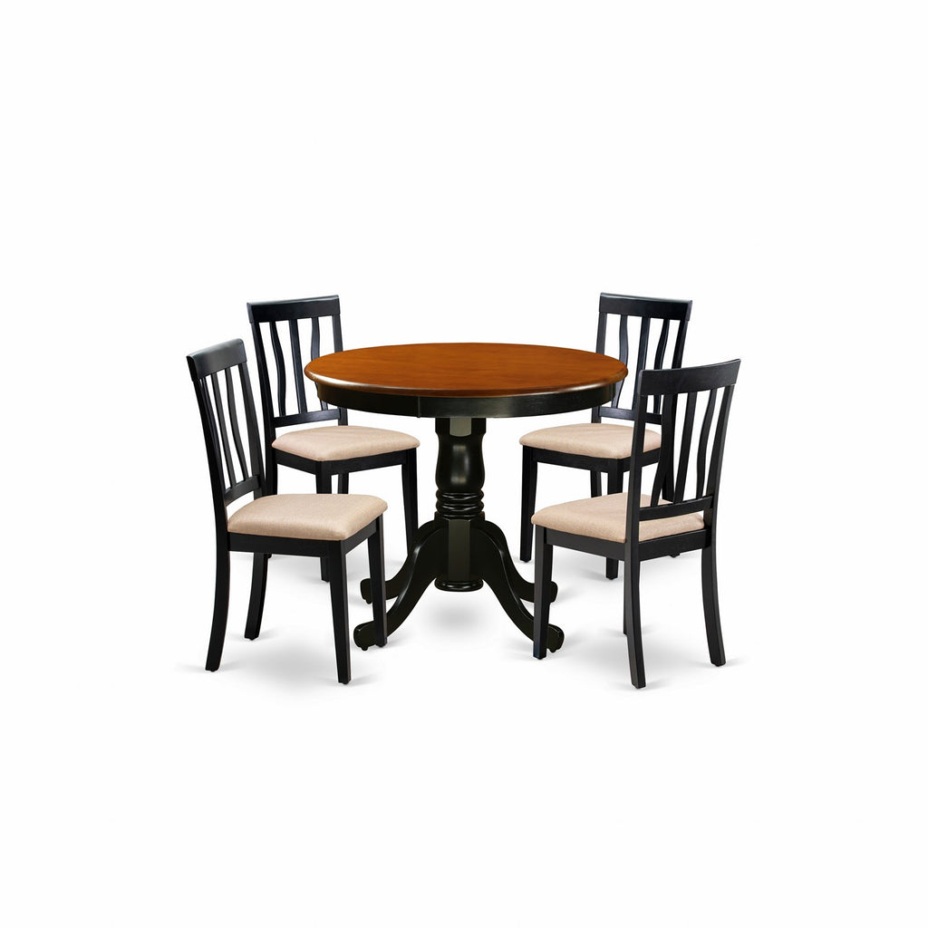 East West Furniture ANTI5-BLK-C 5 Piece Dining Table Set for 4 Includes a Round Kitchen Table with Pedestal and 4 Linen Fabric Kitchen Dining Chairs