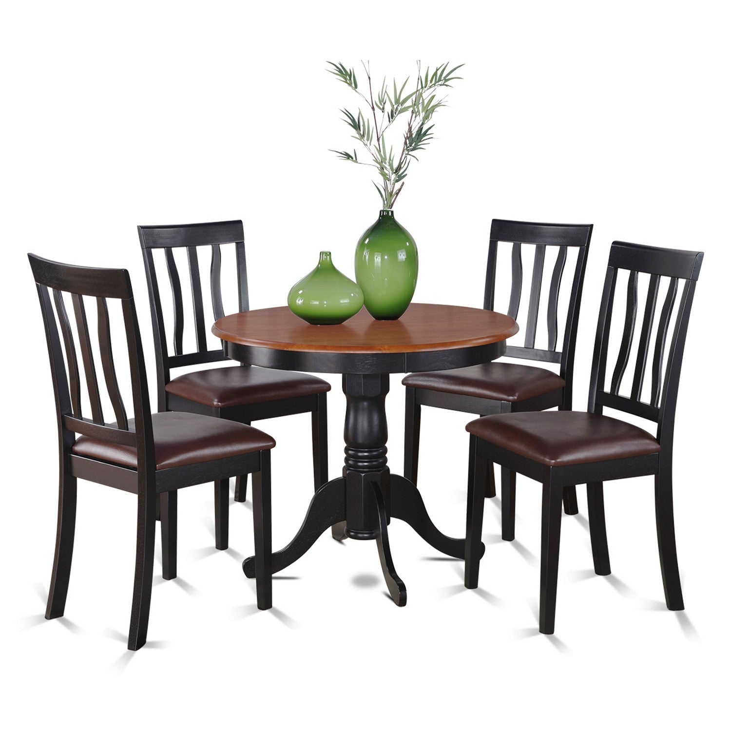 Juego de mesa de comedor de 5 piezas East West Furniture ANTI5-BLK-LC para 4 personas. Incluye una mesa de cocina redonda con pedestal y 4 sillas de comedor tapizadas en piel sintética.
