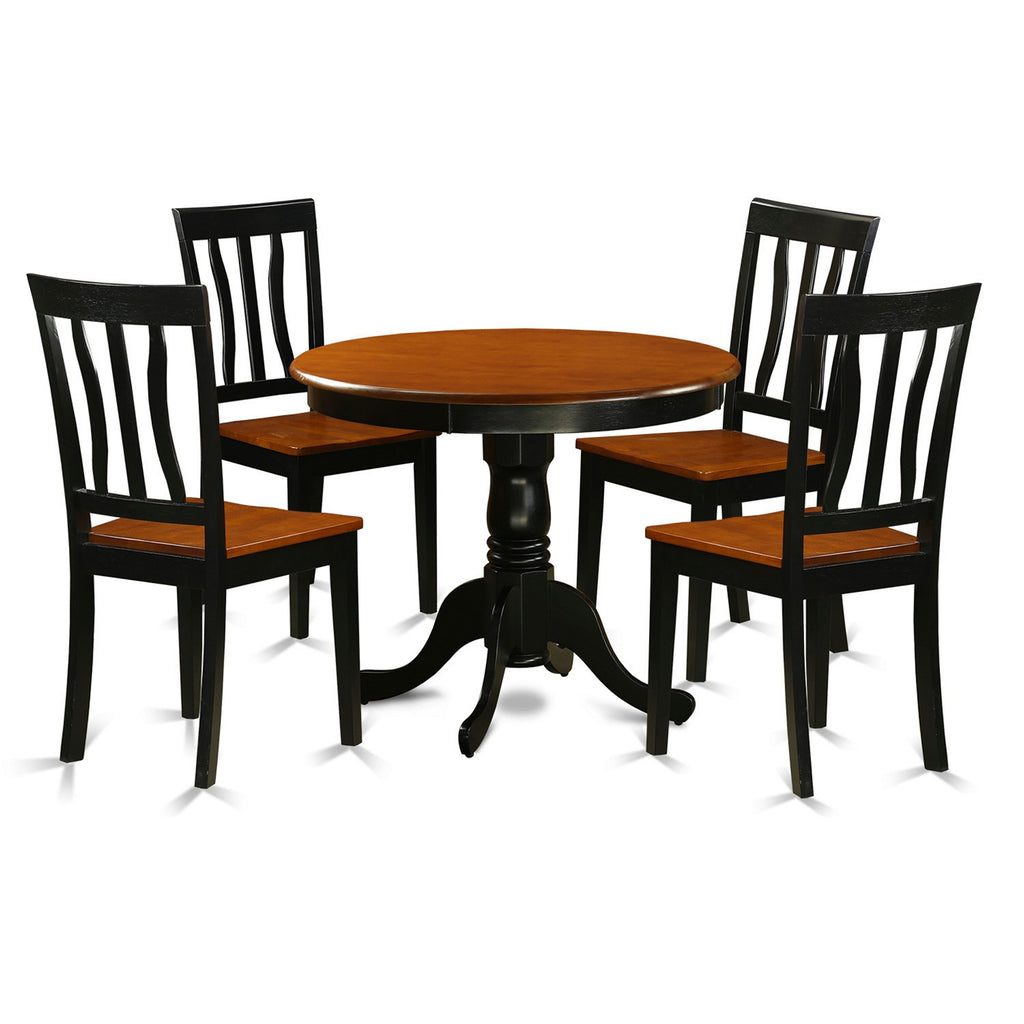 Juego de mesa de cocina de 5 piezas East West Furniture ANTI5-BLK-W para 4 personas. Incluye una mesa de comedor redonda con pedestal y 4 sillas de comedor.