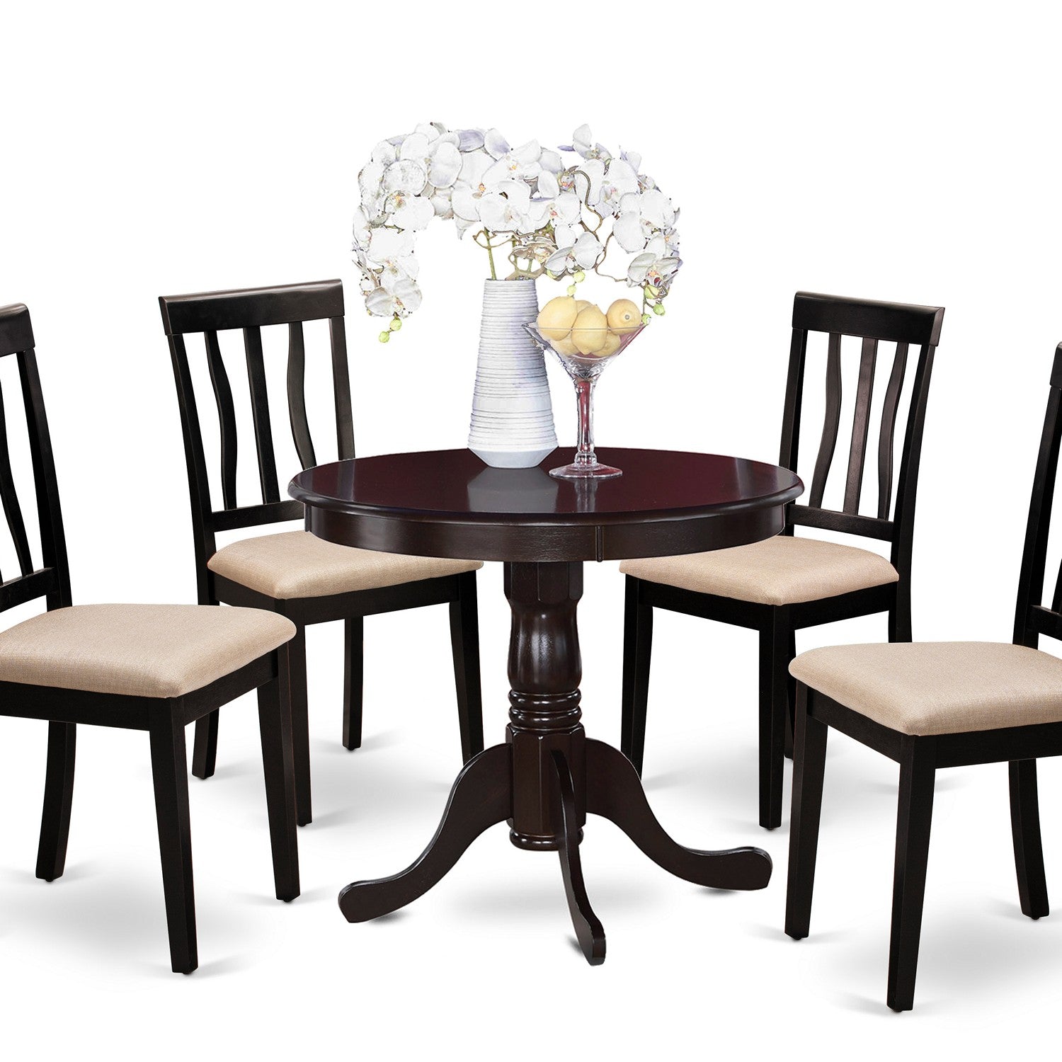 Juego de mesa y sillas de cocina de 5 piezas ANTI5-CAP-C de East West Furniture. Incluye una mesa de comedor redonda con pedestal y 4 sillas de comedor tapizadas en tela de lino.