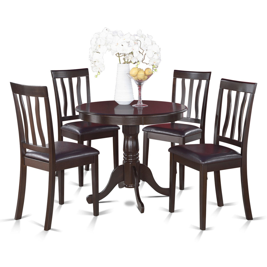 East West Furniture ANTI5-CAP-LC 5 Piece Dining Room Furniture Set Includes a Round Kitchen Table with Pedestal and 4 Faux Leather Upholstered Dining Chairs, 36x36 Inch, Cappuccino