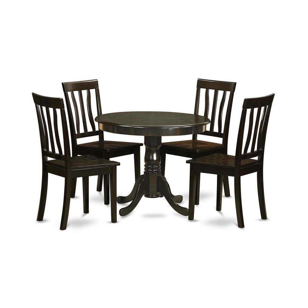 East West Furniture ANTI5-CAP-W 5 Piece Dinette Set for 4 Includes a Round Kitchen Table with Pedestal and 4 Dining Chairs, 36x36 Inch, Cappuccino