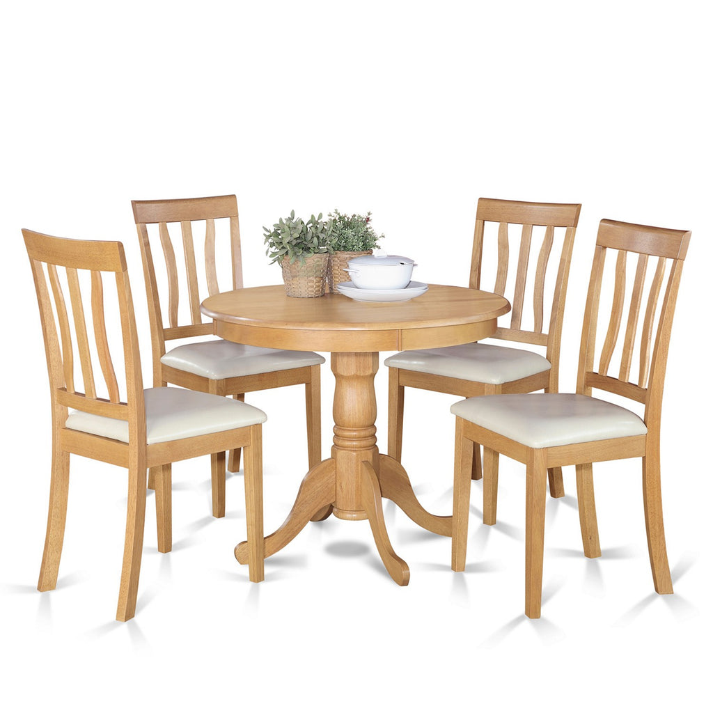 East West Furniture ANTI5-OAK-LC 5 Piece Dining Room Furniture Set Includes a Round Kitchen Table with Pedestal and 4 Faux Leather Upholstered Dining Chairs, 36x36 Inch, Oak