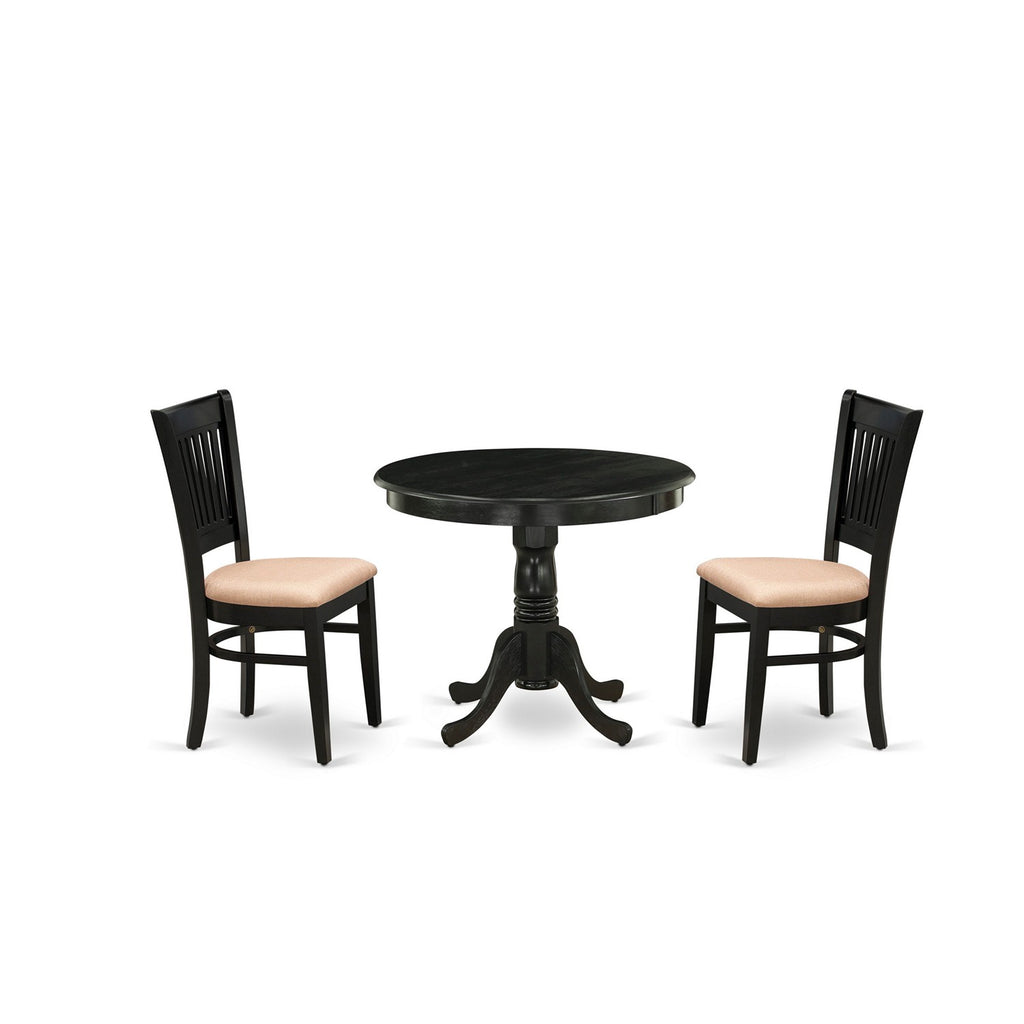 East West Furniture ANVA3-BLK-C 3 Piece Modern Dining Table Set Contains a Round Kitchen Table with Pedestal and 2 Linen Fabric Dining Room Chairs