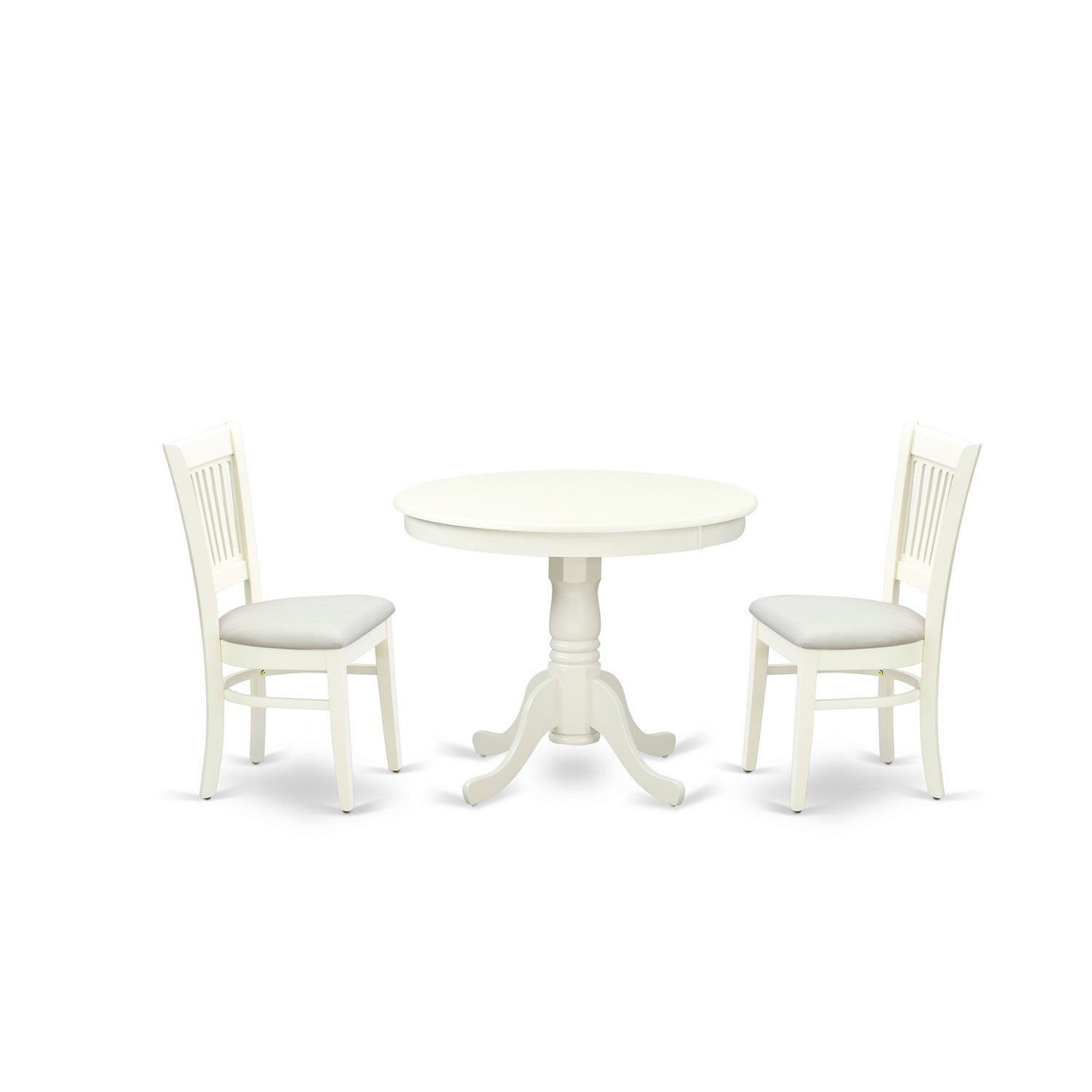 Juego de mesa de comedor de 3 piezas East West Furniture ANVA3-LWH-C para espacios pequeños. Incluye una mesa de cocina redonda con pedestal y 2 sillas de comedor de cocina de tela de lino.