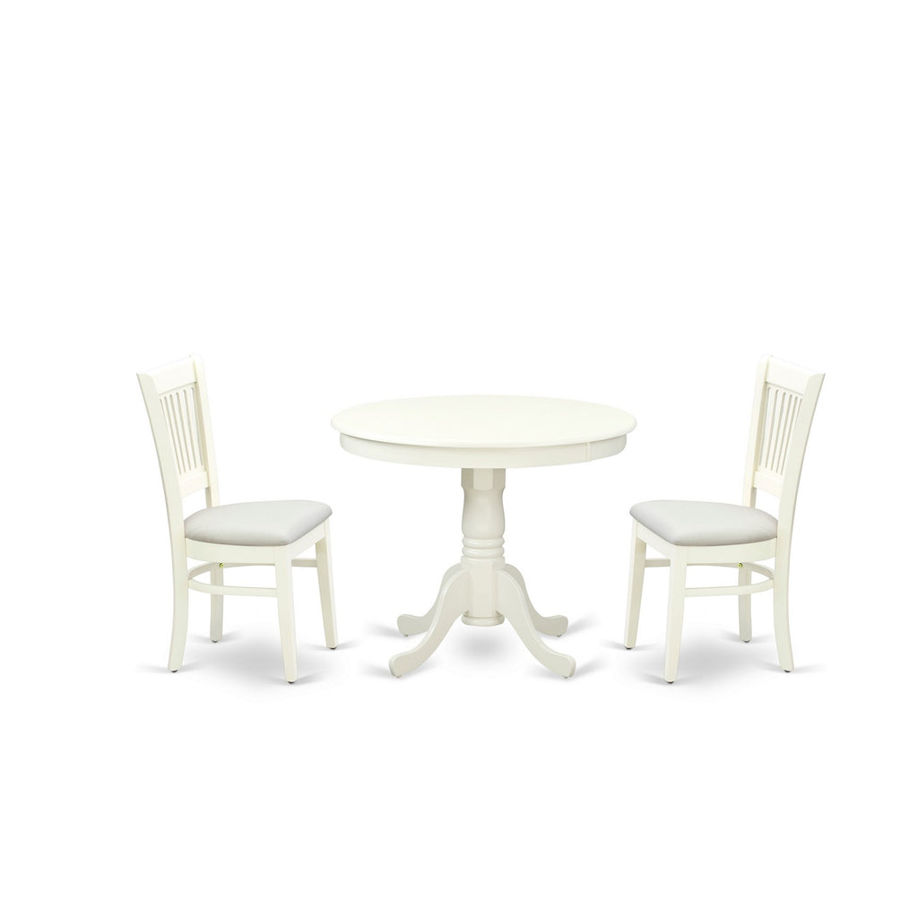 East West Furniture ANVA3-LWH-C 3 Piece Dining Table Set for Small Spaces Contains a Round Kitchen Table with Pedestal and 2 Linen Fabric Kitchen Dining Chairs