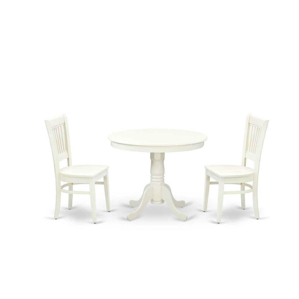 Juego de muebles de comedor de 3 piezas East West Furniture ANVA3-LWH-W. Contiene una mesa de comedor redonda con pedestal y 2 sillas con asiento de madera.