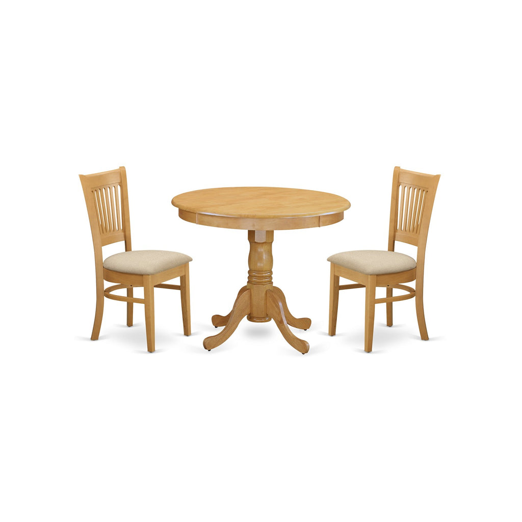 East West Furniture ANVA3-OAK-C 3 Piece Kitchen Table Set for Small Spaces Contains a Round Dining Room Table with Pedestal and 2 Linen Fabric Upholstered Chairs