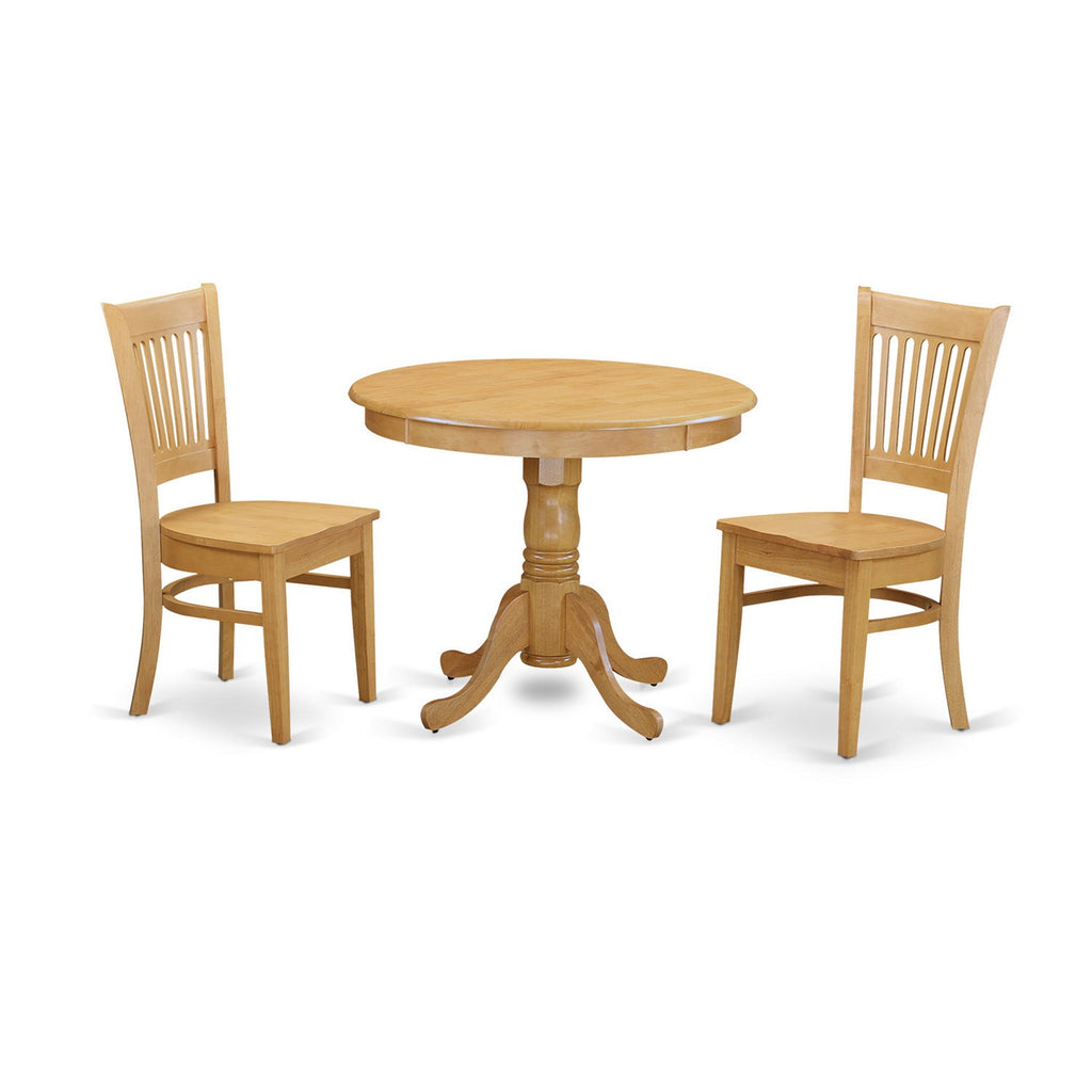 East West Furniture ANVA3-OAK-W 3 Piece Dining Table Set for Small Spaces Contains a Round Kitchen Table with Pedestal and 2 Dining Room Chairs