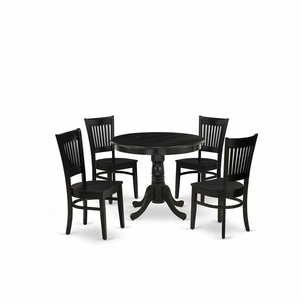 East West Furniture ANVA5-BLK-W 5 Piece Modern Dining Table Set Includes a Round Kitchen Table with Pedestal and 4 Dining Room Chairs, 36x36 Inch, Black