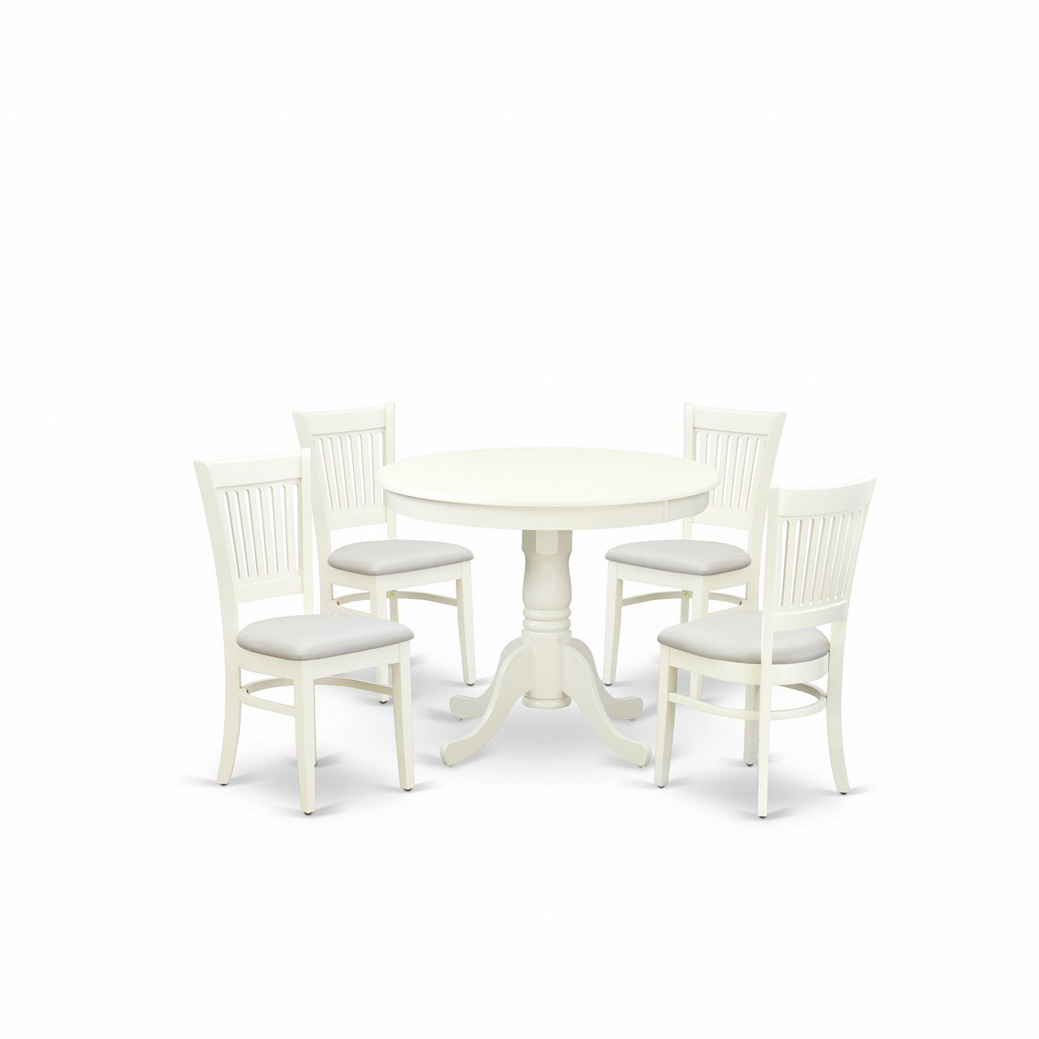 Juego de mesa de comedor de 5 piezas East West Furniture ANVA5-LWH-C. Incluye una mesa de cocina redonda con pedestal y 4 sillas de comedor tapizadas en tela de lino.