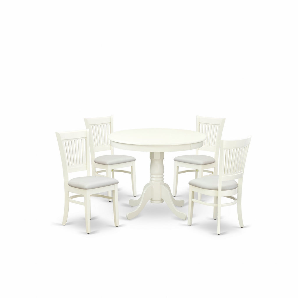 Juego de mesa de comedor de 5 piezas East West Furniture ANVA5-LWH-C. Incluye una mesa de cocina redonda con pedestal y 4 sillas de comedor tapizadas en tela de lino.