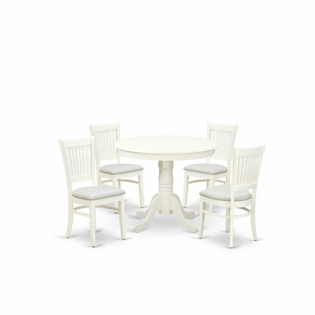East West Furniture ANVA5-LWH-C 5 Piece Dining Room Table Set Includes a Round Kitchen Table with Pedestal and 4 Linen Fabric Upholstered Dining Chairs, 36x36 Inch, Linen White