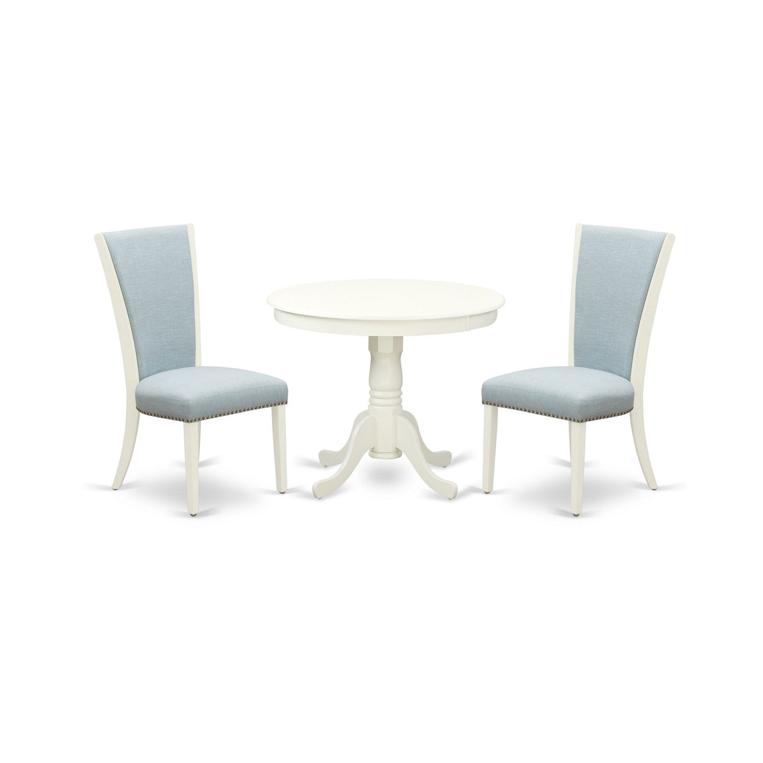 EAST WEST FURNITURE - ANVE3-LWH-15 - 3 Pc Dining Room Set - 2 Baby Blue Linen Fabric Dining Chairs with High Back and 1 Removable leaf Dining Room Table - linen white Finish