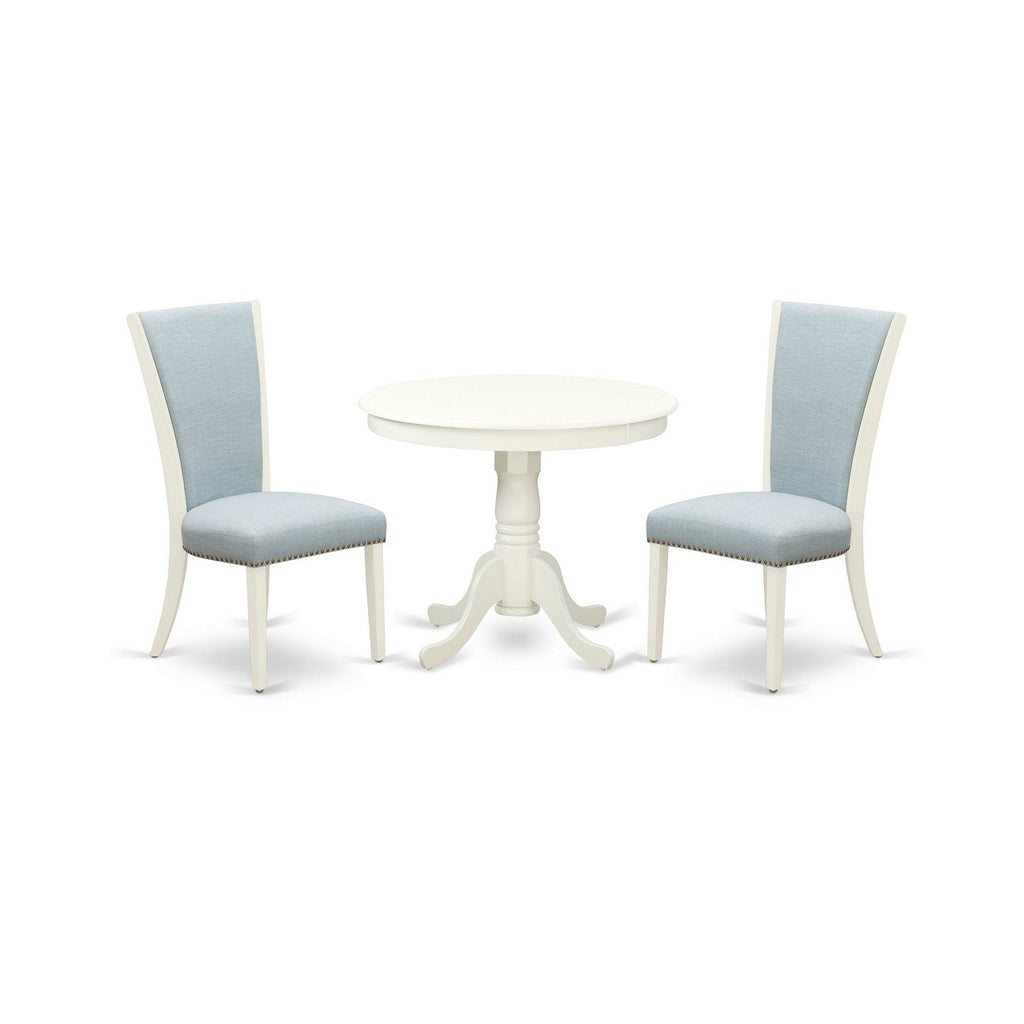 East West Furniture ANVE3-LWH-15 3 Piece Dining Table Set Contains a Round Dining Room Table with Pedestal and 2 Baby Blue Linen Fabric Upholstered Chairs, 36x36 Inch, Linen White