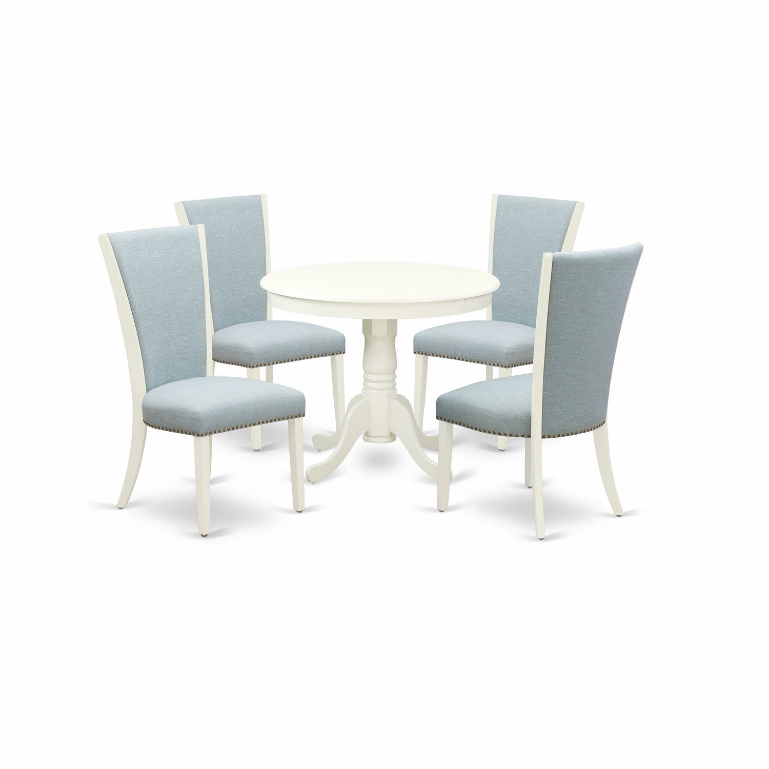 El juego de comedor de 5 piezas East West Furniture ANVE5-LWH-15 incluye una mesa de cocina redonda con pedestal y 4 sillas de comedor Parson de tela de lino azul bebé.