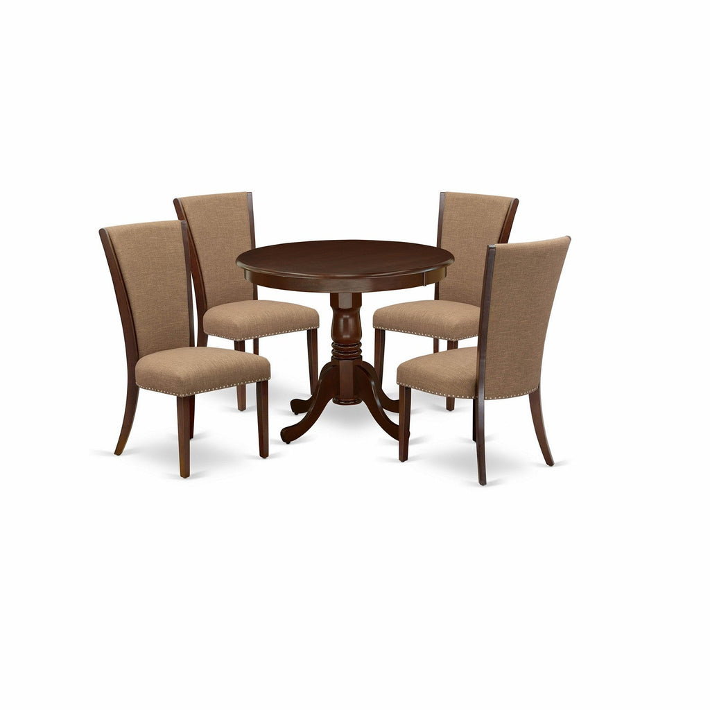 East West Furniture ANVE5-MAH-47 5 Piece Kitchen Table & Chairs Set Includes a Round Dining Room Table with Pedestal and 4 Light Sable Linen Fabric Parsons Chairs